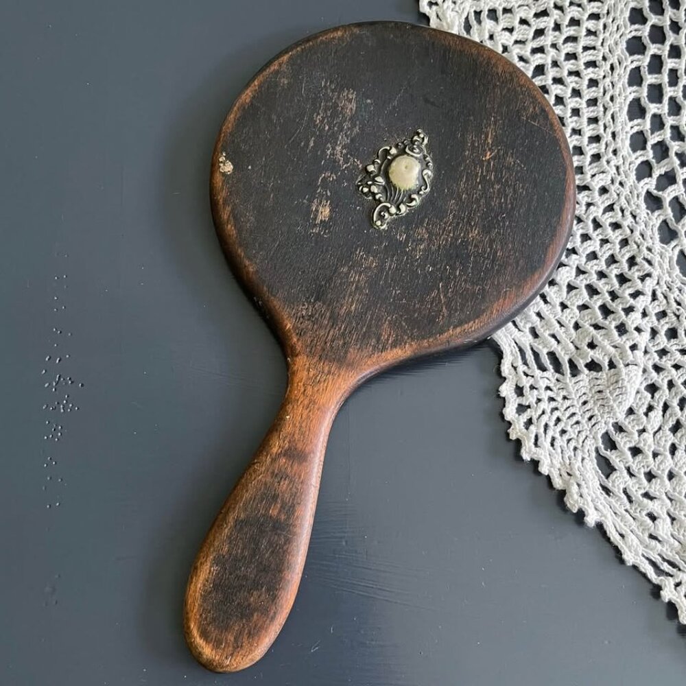 Vintage Real Wood and Silver Vanity Hand Mirror Gothic Victorian Decor